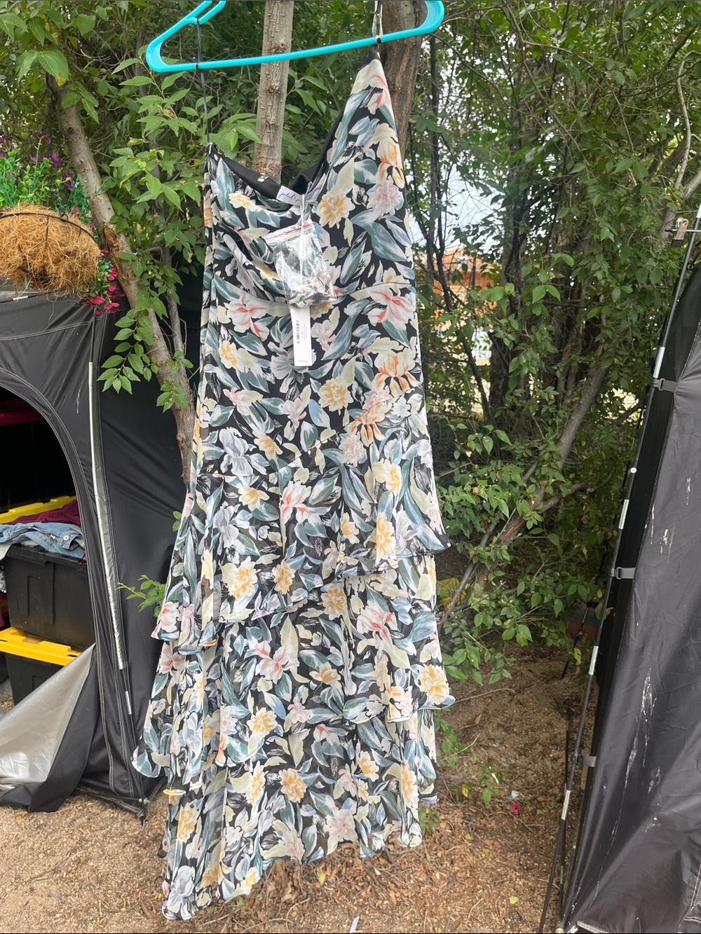 Petal & Pup Black Strapless Floral Tiered Slip Dress with Pastel Blooms - Picture 7 of 9